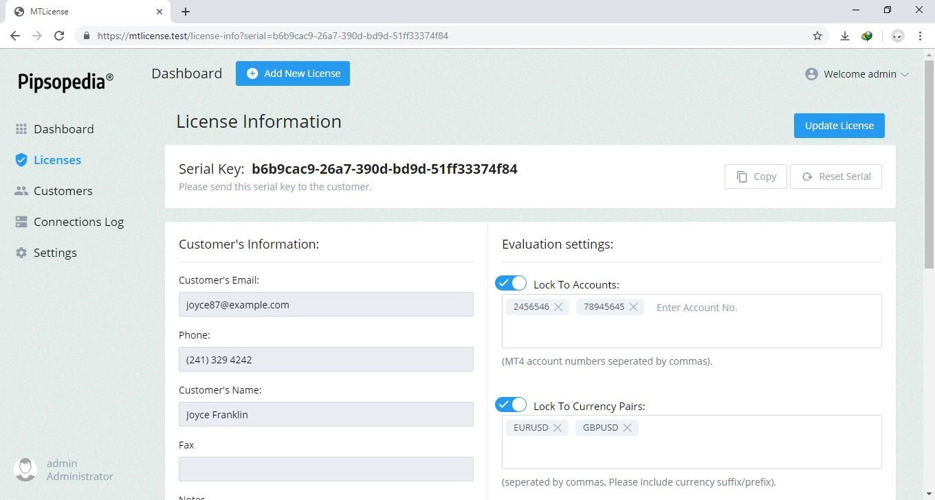 Licensing Server license information