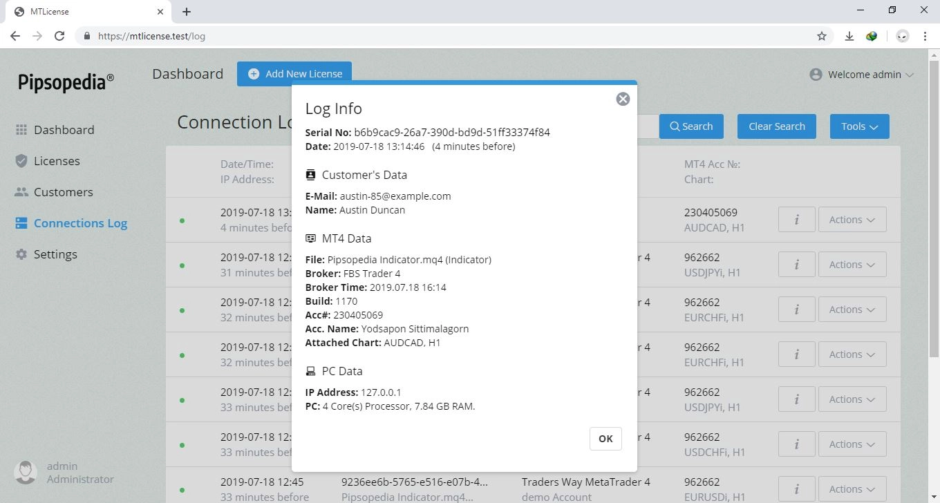 Licensing Server connection log